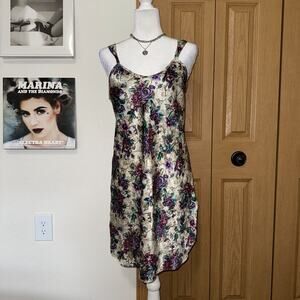 Vintage 90s Adonna Slip Dress Women's Medium Floral Beige Purple Satin Sleepwear